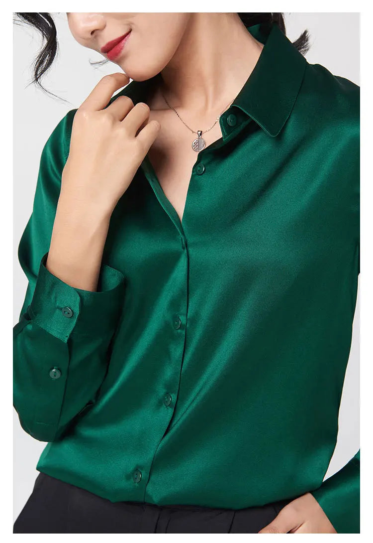 Woman Silk Shirt Long-sleeved Satin Women Blouse 19mm Mulberry Silk Blouse Loose Versatile Base Shirt 95% Natural Silk+5%Spandex