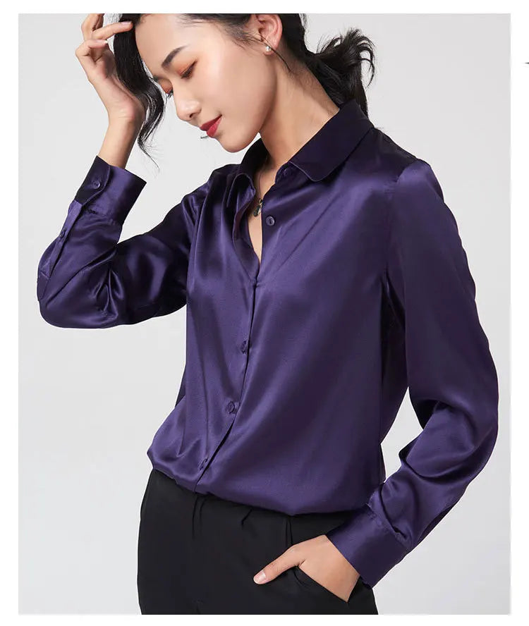 Woman Silk Shirt Long-sleeved Satin Women Blouse 19mm Mulberry Silk Blouse Loose Versatile Base Shirt 95% Natural Silk+5%Spandex