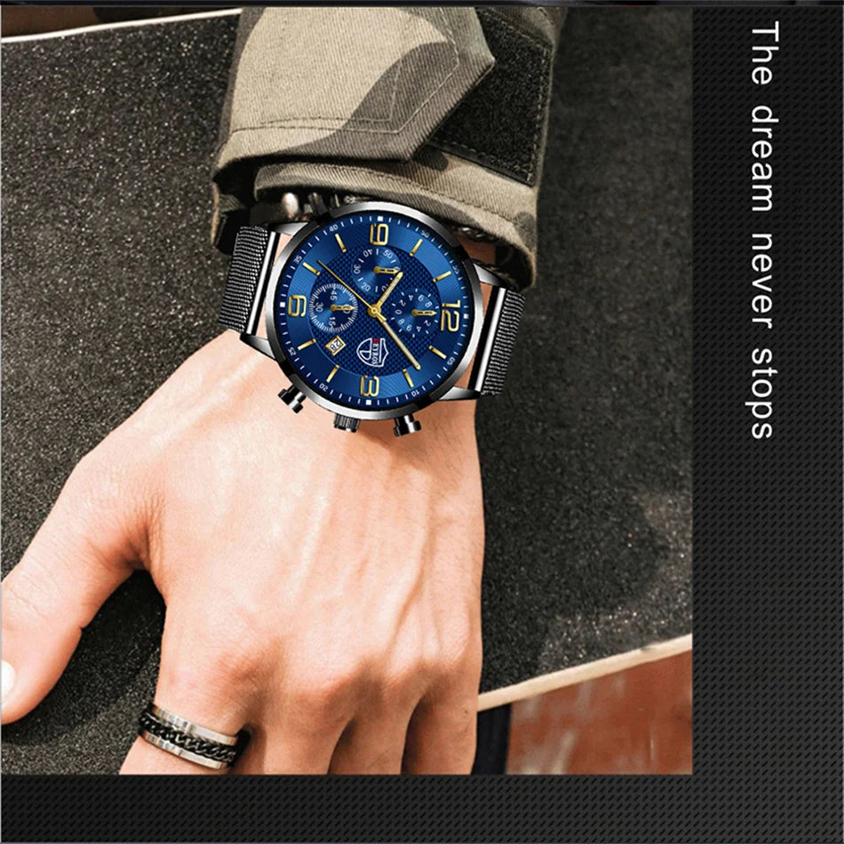 Fashion Mens Watches Luxury Stainless Steel Mesh Belt Quartz Wrist Watch Men Business Casual Leather Watch relogio masculino