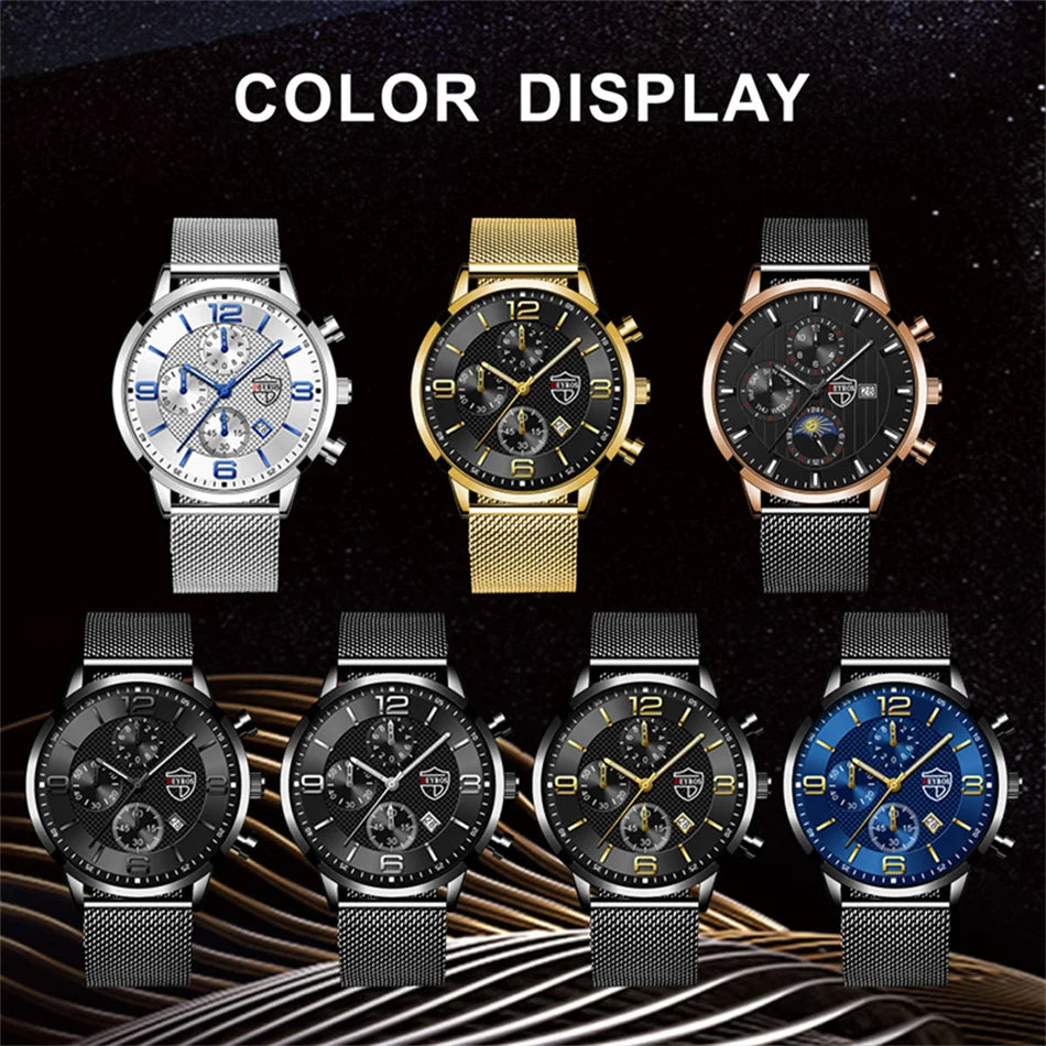 Fashion Mens Watches Luxury Stainless Steel Mesh Belt Quartz Wrist Watch Men Business Casual Leather Watch relogio masculino