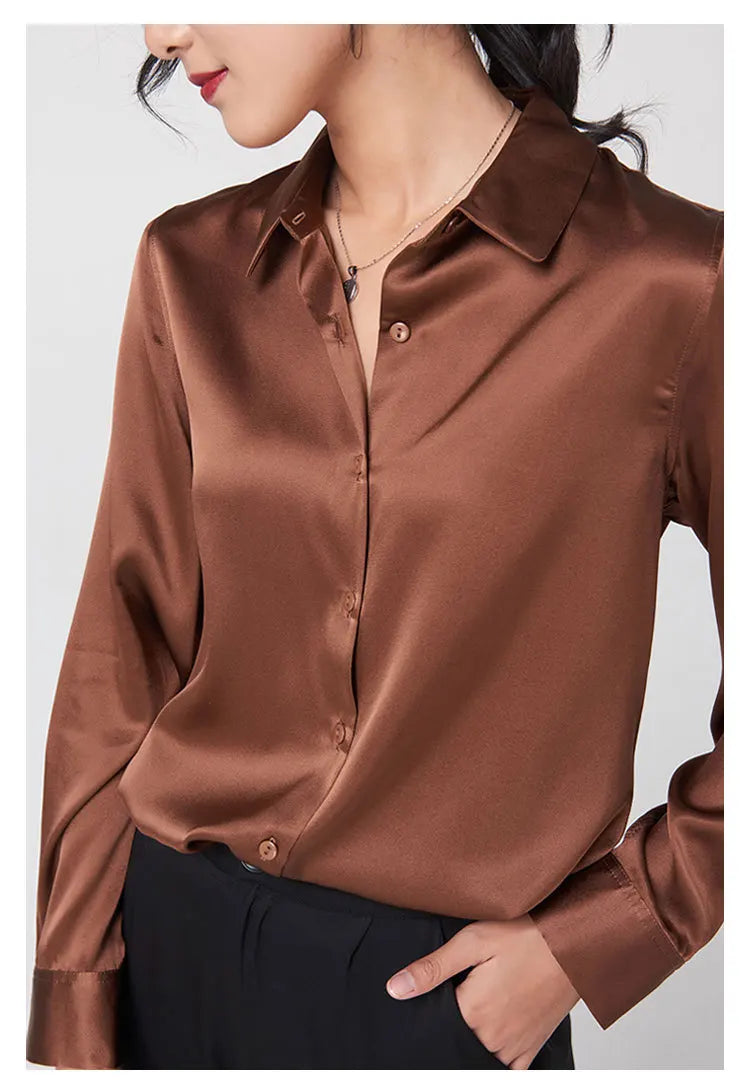 Woman Silk Shirt Long-sleeved Satin Women Blouse 19mm Mulberry Silk Blouse Loose Versatile Base Shirt 95% Natural Silk+5%Spandex