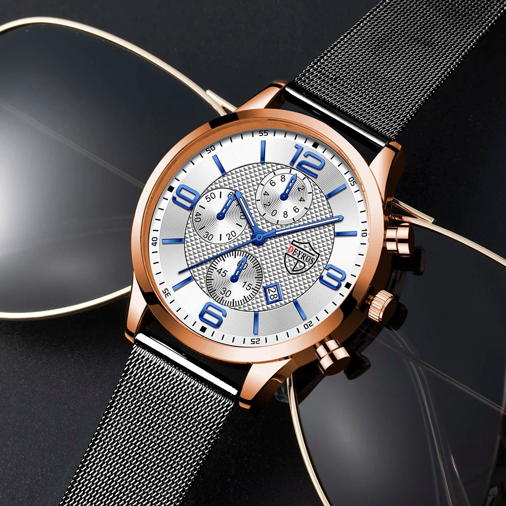 Fashion Mens Watches Luxury Stainless Steel Mesh Belt Quartz Wrist Watch Men Business Casual Leather Watch relogio masculino