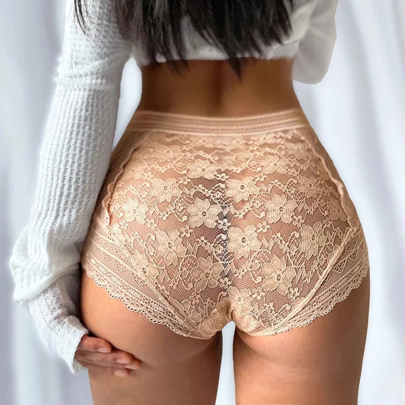Panties Sexy Flower Embroidered Transparent Lace Women's Underwear Thin High Waist Hollow Out Panties Plus Size Seamless Briefs