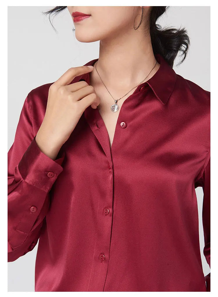 Woman Silk Shirt Long-sleeved Satin Women Blouse 19mm Mulberry Silk Blouse Loose Versatile Base Shirt 95% Natural Silk+5%Spandex