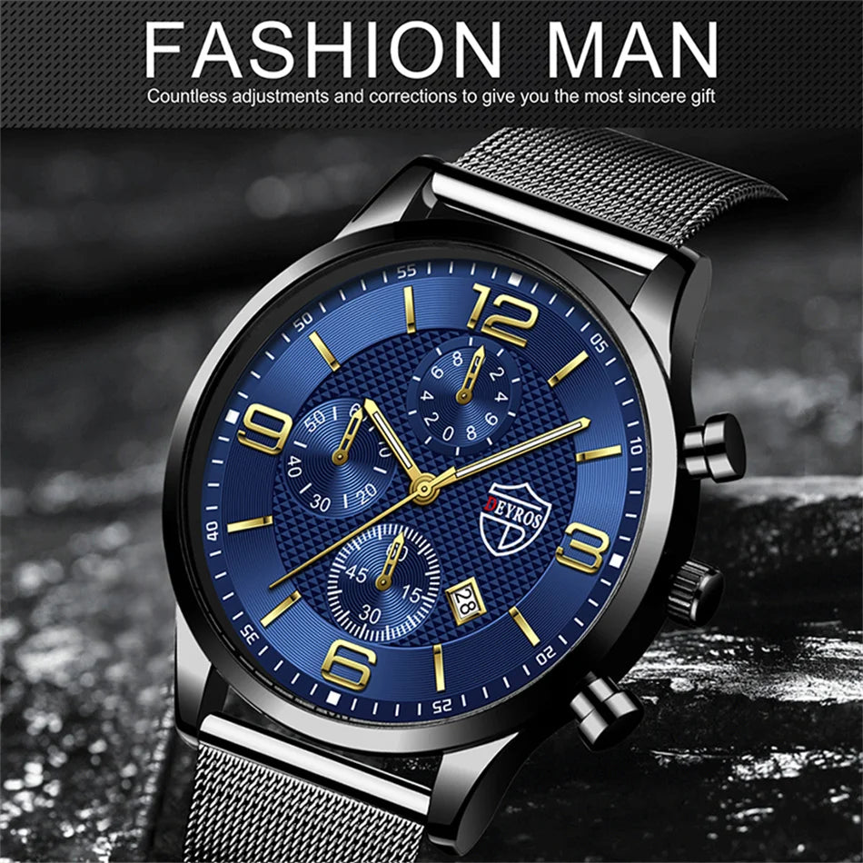 Fashion Mens Watches Luxury Stainless Steel Mesh Belt Quartz Wrist Watch Men Business Casual Leather Watch relogio masculino