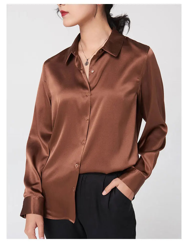 Woman Silk Shirt Long-sleeved Satin Women Blouse 19mm Mulberry Silk Blouse Loose Versatile Base Shirt 95% Natural Silk+5%Spandex