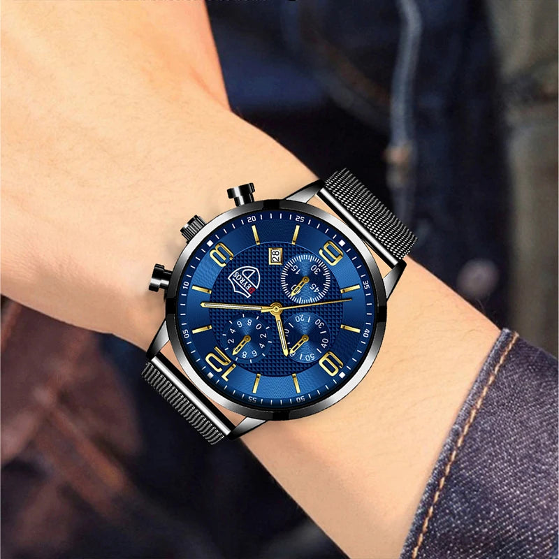 Fashion Mens Watches Luxury Stainless Steel Mesh Belt Quartz Wrist Watch Men Business Casual Leather Watch relogio masculino