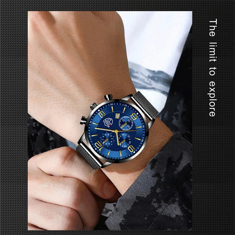 Fashion Mens Watches Luxury Stainless Steel Mesh Belt Quartz Wrist Watch Men Business Casual Leather Watch relogio masculino