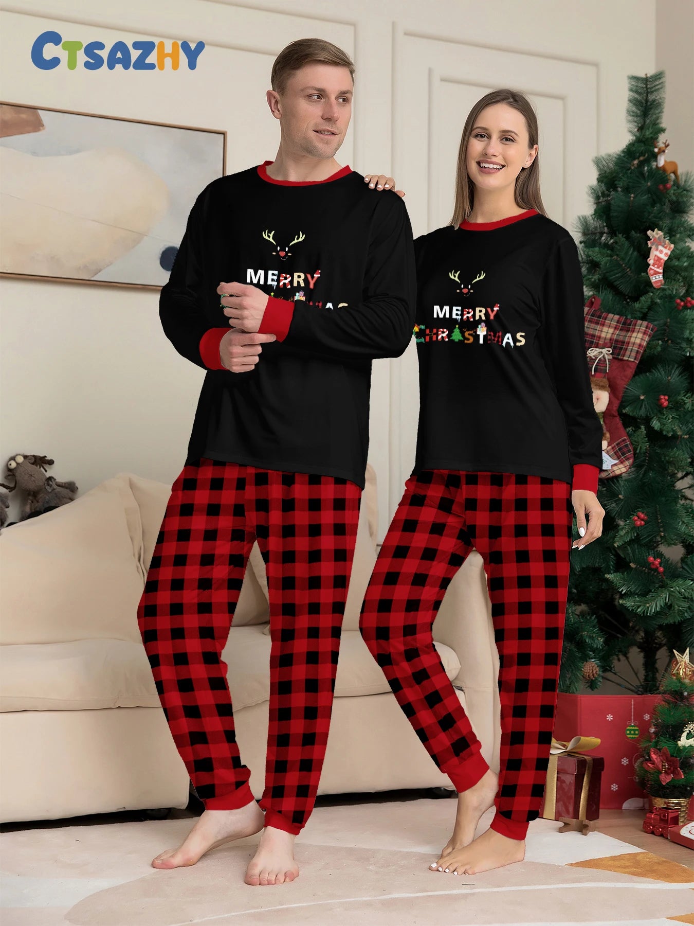 Christmas Couple Pajamas Set: Black Tops with Reindeer Horns & 'MERRY CHRISTMAS' Print, Red - Black Plaid Pants