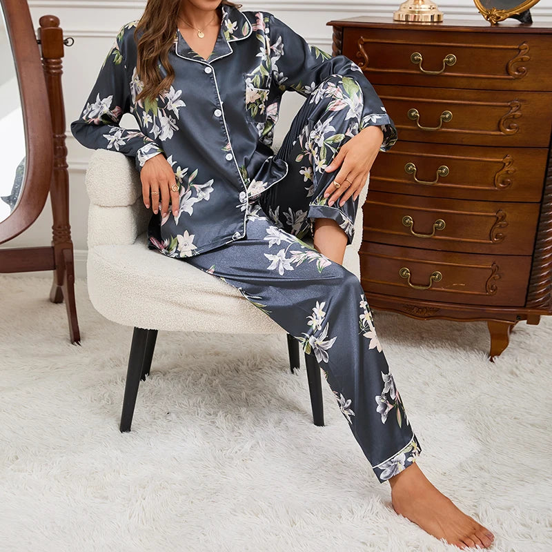 Pajamas For Women Home Clothes Autumn Satin Flower Print Sleepwear Long Sleeve Tops Pajama Pants Nightwear 2 Piece Pyjama Femme