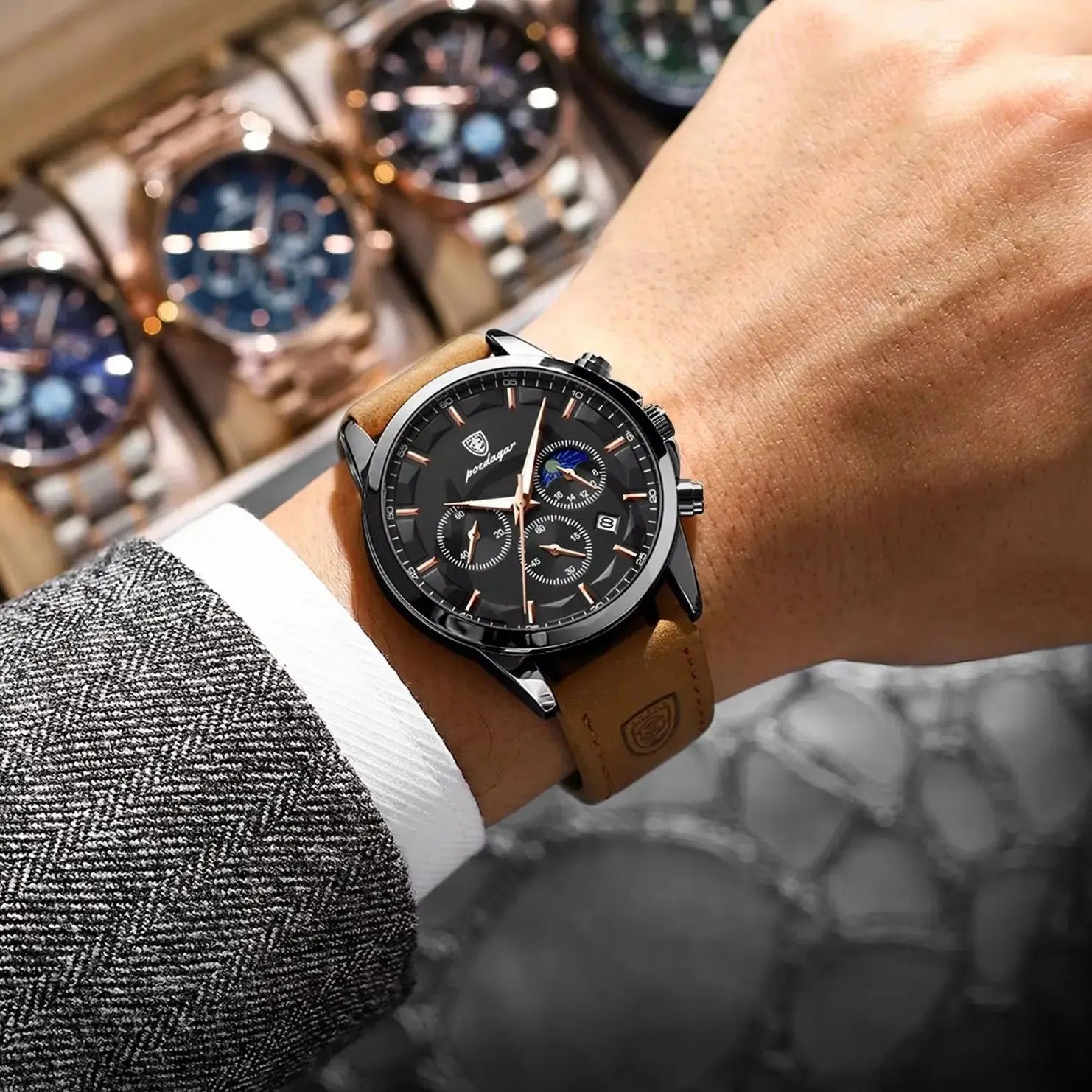 POEDAGAR Luxury Stylish Male Wristwatch Waterproof Chronograph Luminous Date Man Watch Leather Quartz Sports Men's Watches Reloj