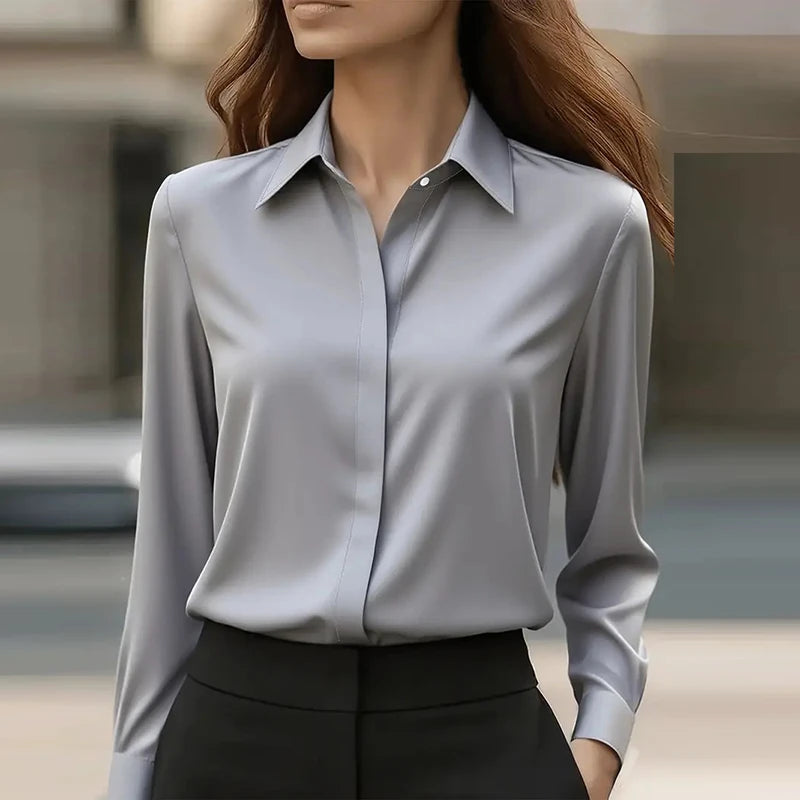 New Office Lady Shirt Women Turn Down Collar Long Sleeve Button Blouse Women Fashion Solid Formal Shirt Blue White Black Gray