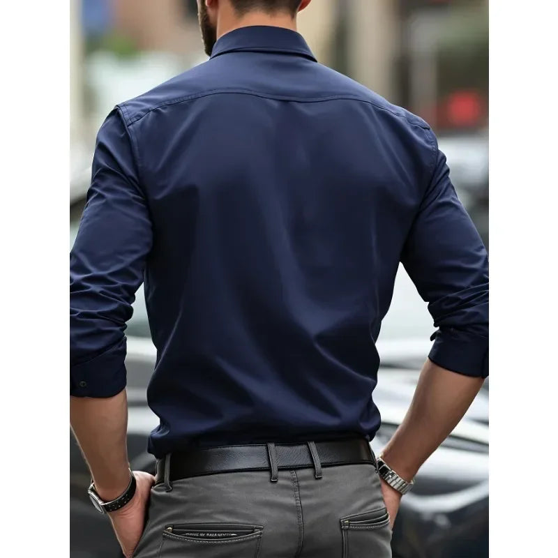 2025 Men's Shirt Brand New Solid Color Long Sleeve Smart Casual Four Season Elastic Male Business Shirts