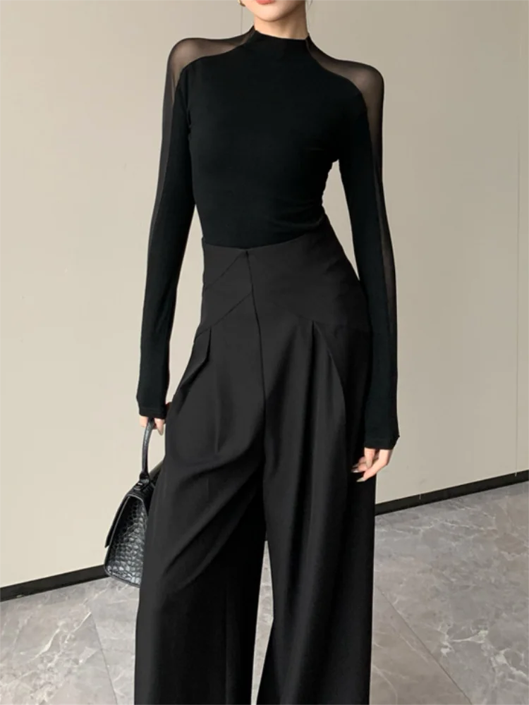 Sexy Hollow-out Mesh Patchwork Black Top for Women's Autumn Chic Long Sleeved T-shirt See Through Trend Club