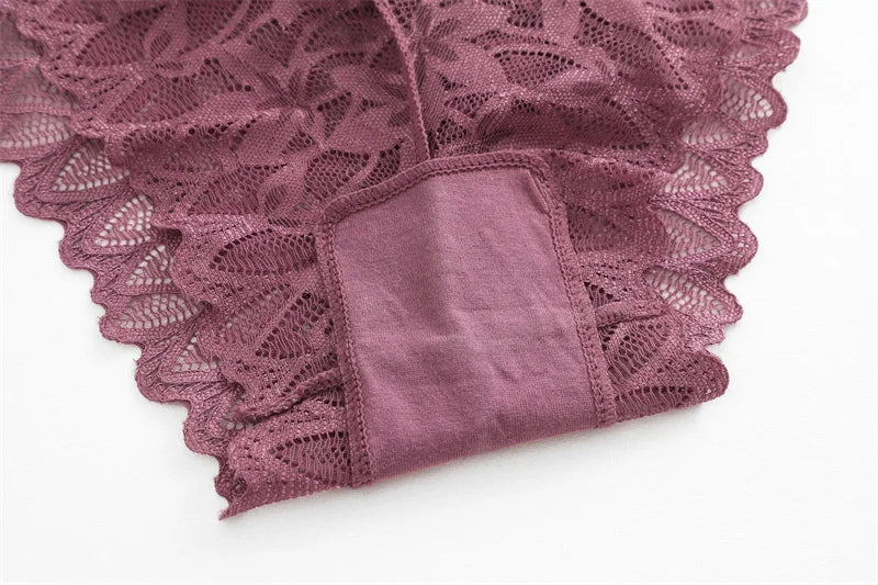 4PCS Women Floral Lace Panties Sexy Perspective Underwear V Waist Solid Color Underpants Female Breathable Intimates Lingerie