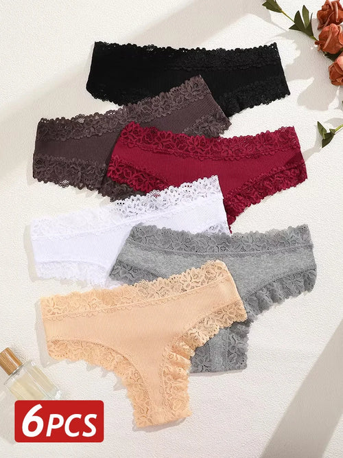 6PCS/Set Sexy Lace Cotton Panties Women Brazilian Panties Ladies Sexy Low Waist Elastic T-Back Bikini Solid Soft Lingerie S-XL