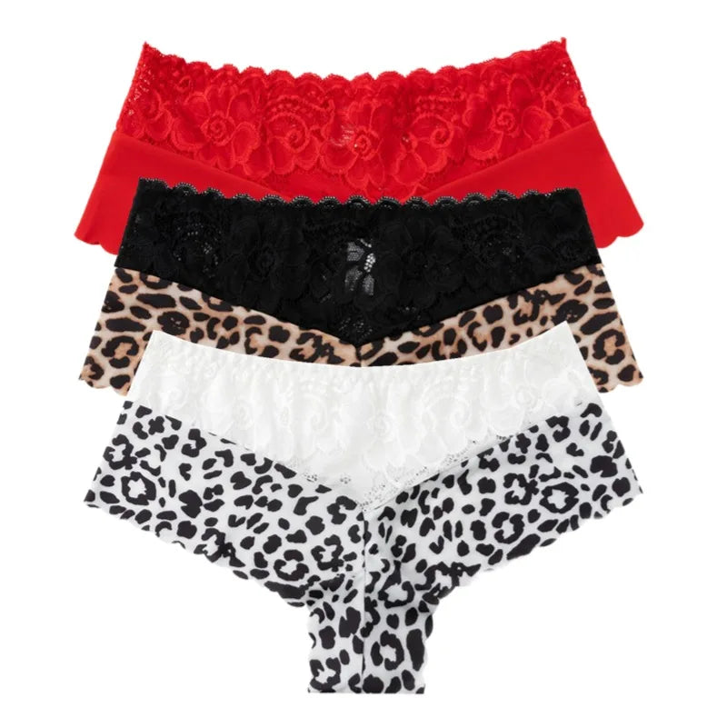 Women's 3 Pieces Panties Sexy Leopard Lace Lingerie Woman Underwear Ladies Underpants Solid Color Woman Clothing Knickers