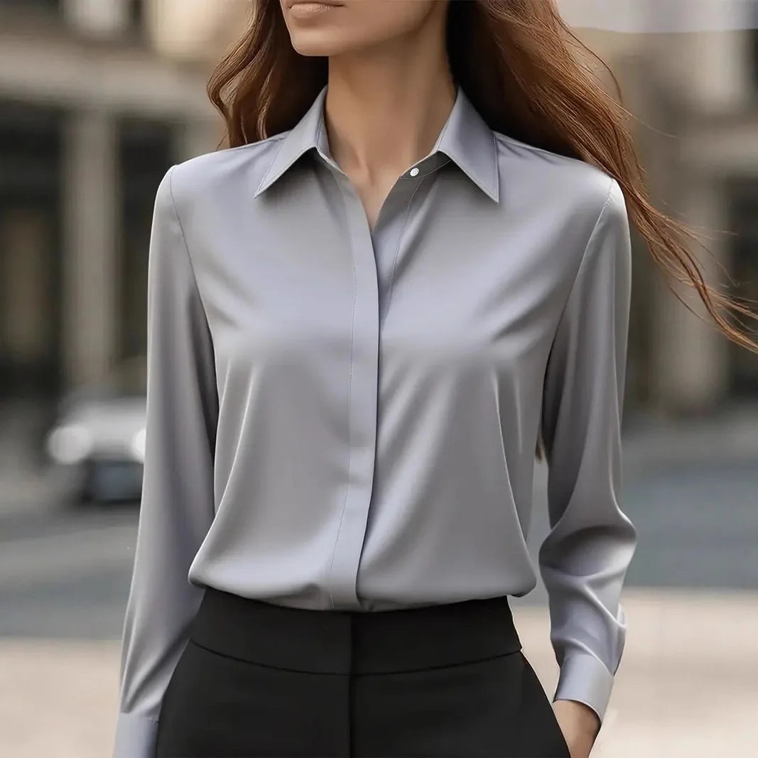 Autumn Solid Color Long-sleeved Versatile Shirt Lapel Satin Shirt