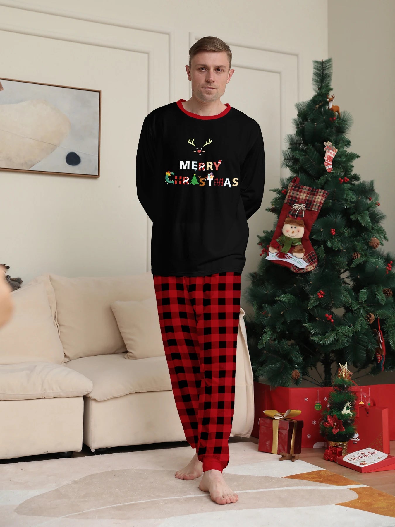 Christmas Couple Pajamas Set: Black Tops with Reindeer Horns & 'MERRY CHRISTMAS' Print, Red - Black Plaid Pants