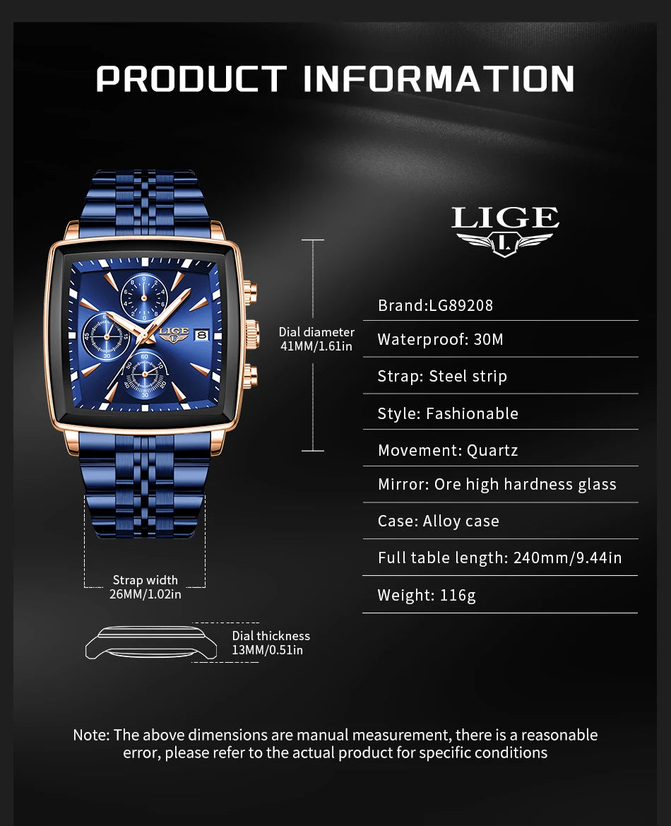 LIGE New Luxury Business Men Wristwatch Chronograph Waterproof Luminous Calendar Watch For Men Square Quartz Men's Watches Reloj