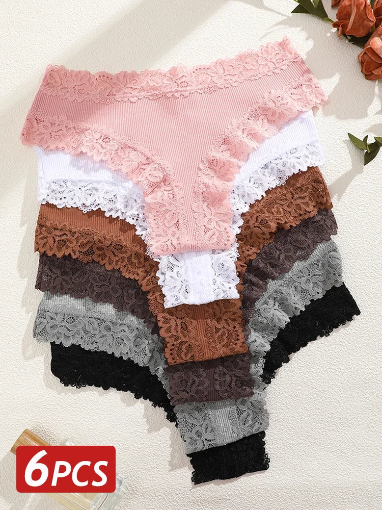 6PCS/Set Sexy Lace Cotton Panties Women Brazilian Panties Ladies Sexy Low Waist Elastic T-Back Bikini Solid Soft Lingerie S-XL