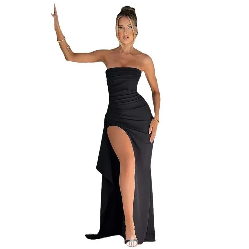 Strapless Backless High Split Maxi Dress For Women Black Off-shoulder Sleeveless Bodycon Club Party Long Dress Clothes