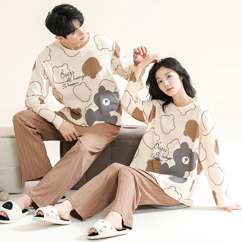 Couple's Pijama Sets M-3XL Autumn Spring Pajamas Lovely Cartoon Sleepwear Cotton Pyjamas For Women Man Top Pant Leisure Outwear