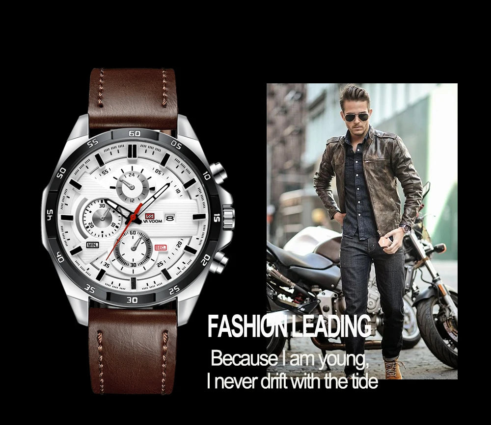 Top Men Watch Sports Style 46mm Large Leather Racing Style Casual Fashion Original Black Rose Gold Calendar Quartz Watch Relogio