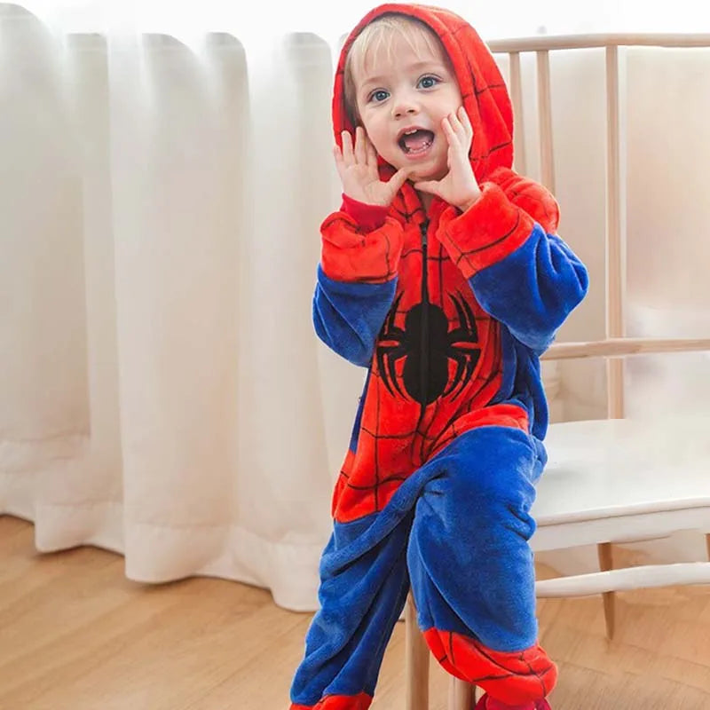 Spiderman Plush Pajamas Bodysuit Superhero Cosplay Costume Zipper Jumpsuits Warm Boys Girls Homewear Pyjamas Halloween Sleepwear