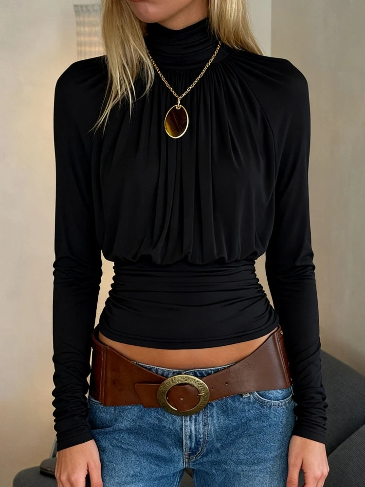 Solid Black T Shirts For Women Elegant Clothes Turtleneck Camisetas Lady Tops Long Sleeve Ropa De Mujer Shirring Feminist Shirt