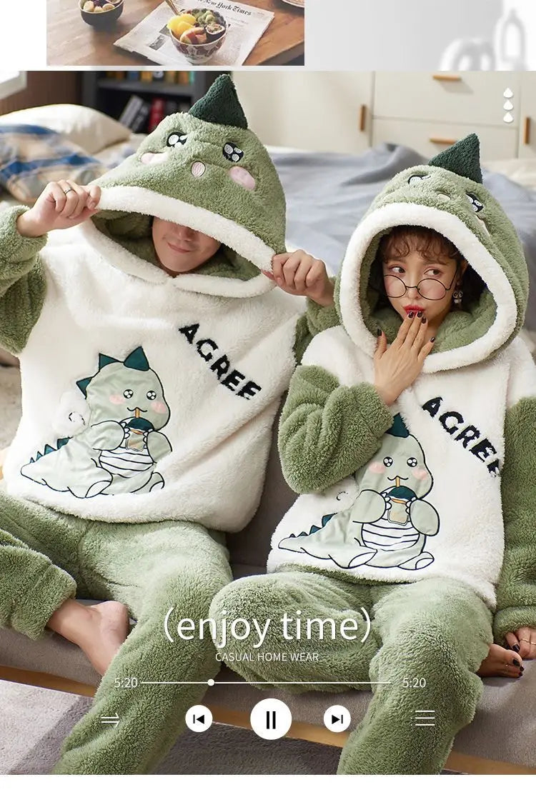 Couples Pajamas Women Men Winter Thicken Pyjamas Sleepwear Cartoon Dinosaur Korean Lovers Homewear Soft Warm Hoodies Pijama