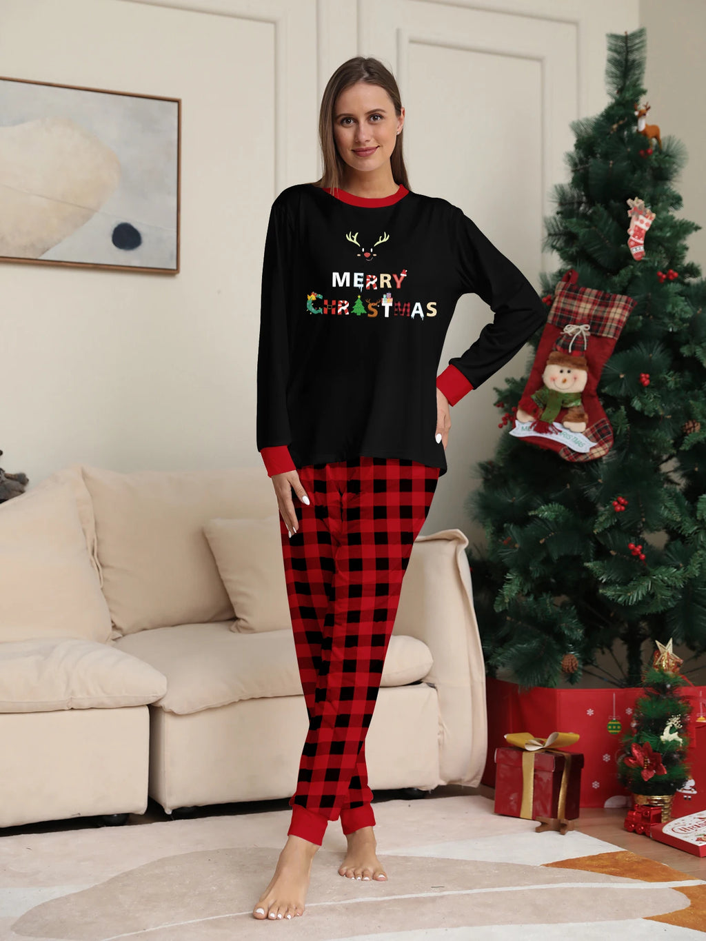Christmas Couple Pajamas Set: Black Tops with Reindeer Horns & 'MERRY CHRISTMAS' Print, Red - Black Plaid Pants