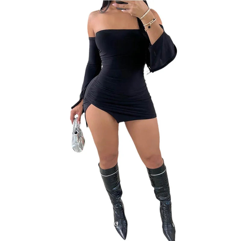 Women's Black Strapless Backless Mini Dress Off-Shoulder Long Sleeve Bodycon Club Party Dress for Women