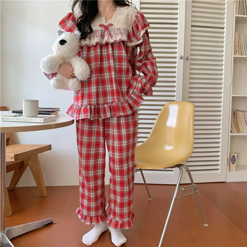 Loose Casual Couple Pajamas Sweet Lace Vintage Red Plaid  Thick  Nightwear Autumn Winter Princess Style Christmas Homewear D711