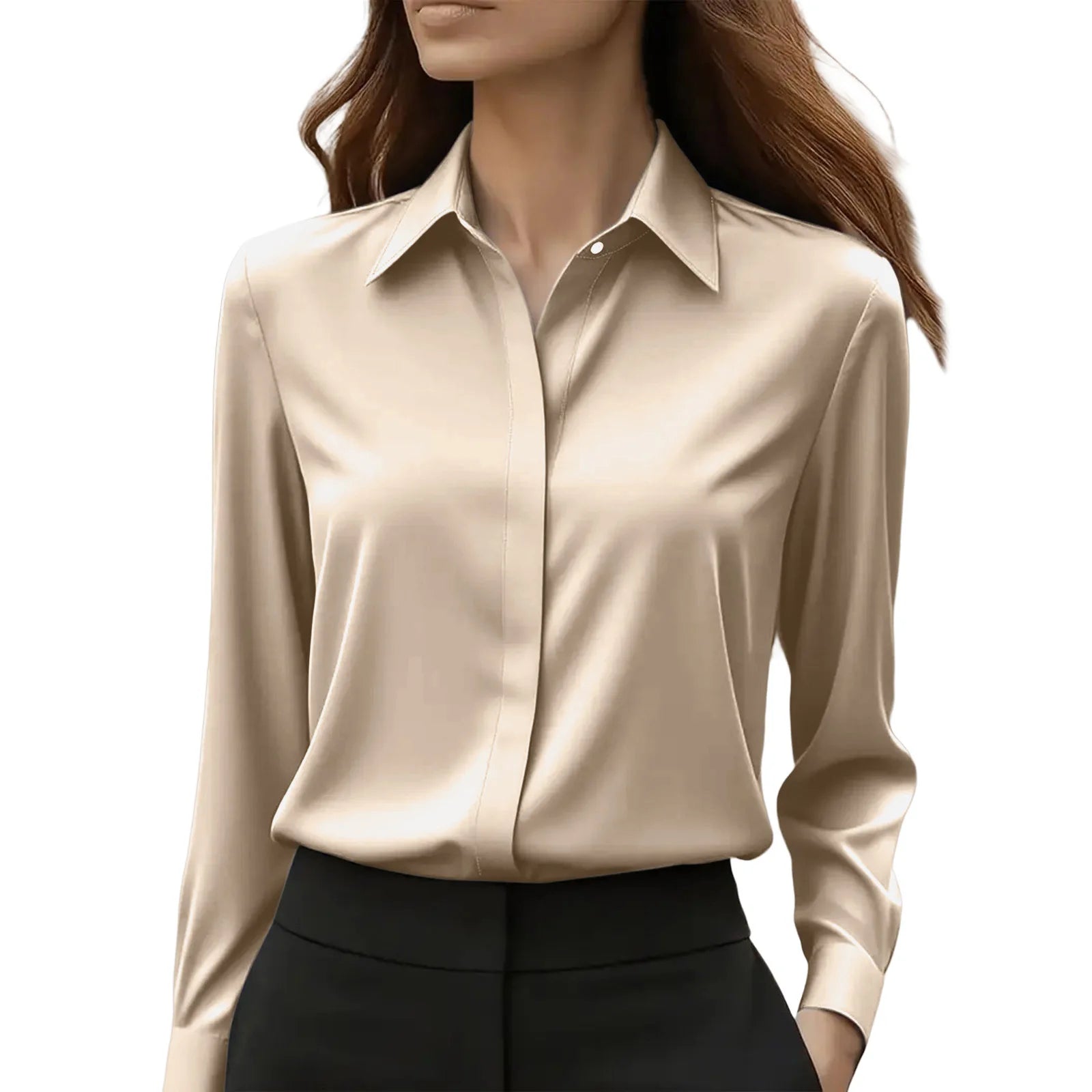 Temperamental commuting solid colour French niche lapel satin long-sleeved shirt top women