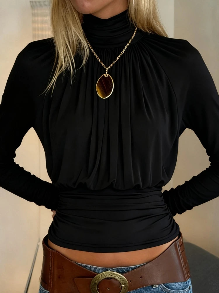 Solid Black T Shirts For Women Elegant Clothes Turtleneck Camisetas Lady Tops Long Sleeve Ropa De Mujer Shirring Feminist Shirt