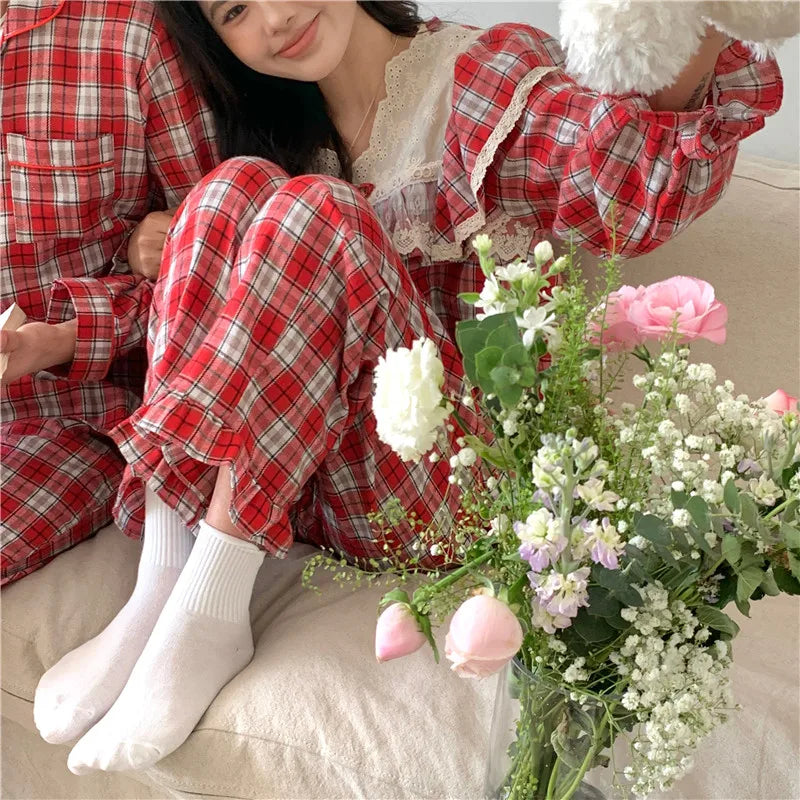Loose Casual Couple Pajamas Sweet Lace Vintage Red Plaid  Thick  Nightwear Autumn Winter Princess Style Christmas Homewear D711