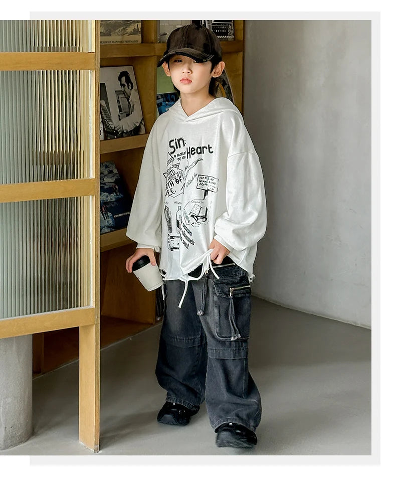 Hoodie Kids Boys 2024 Autumn Teenager Clothes Kids Casual Cotton Hooded Sweatshirt Tops Costume 5 6 7 8 9 10 11 12 13 14 Years