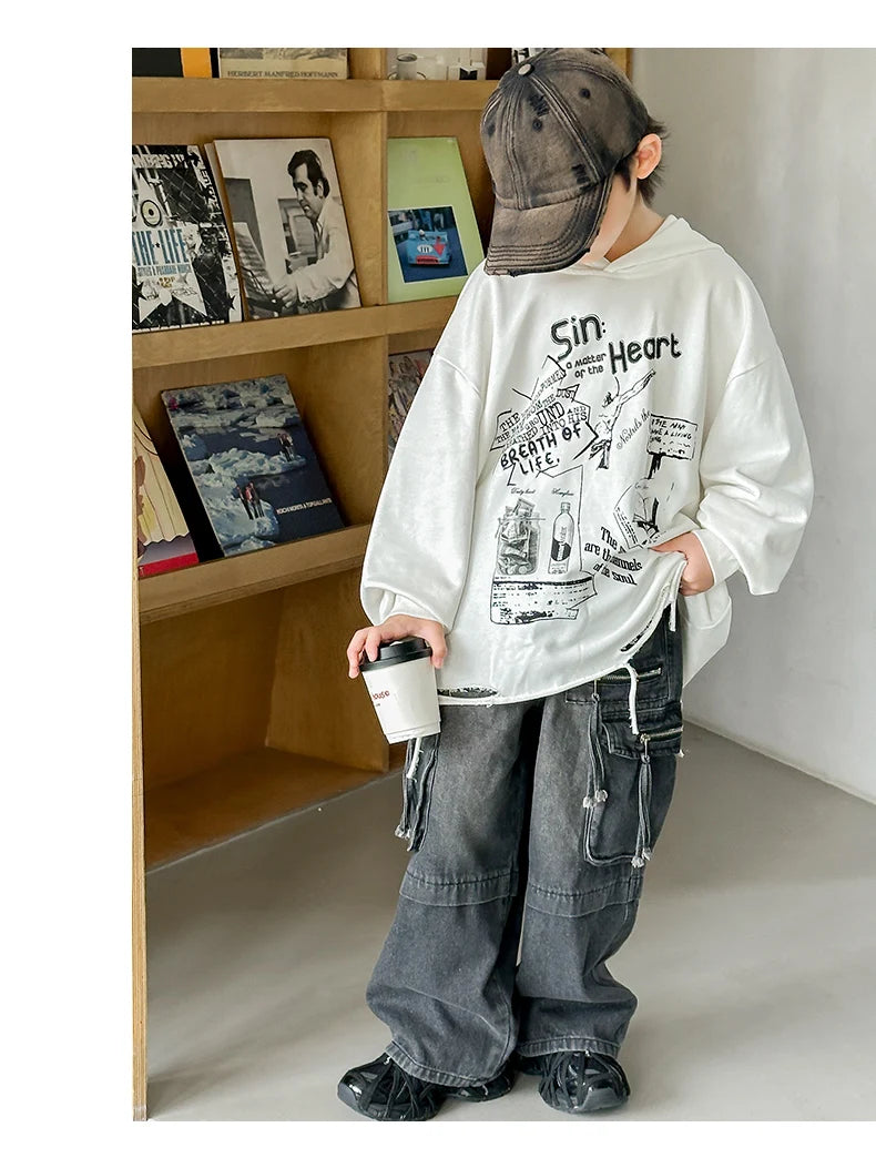 Hoodie Kids Boys 2024 Autumn Teenager Clothes Kids Casual Cotton Hooded Sweatshirt Tops Costume 5 6 7 8 9 10 11 12 13 14 Years