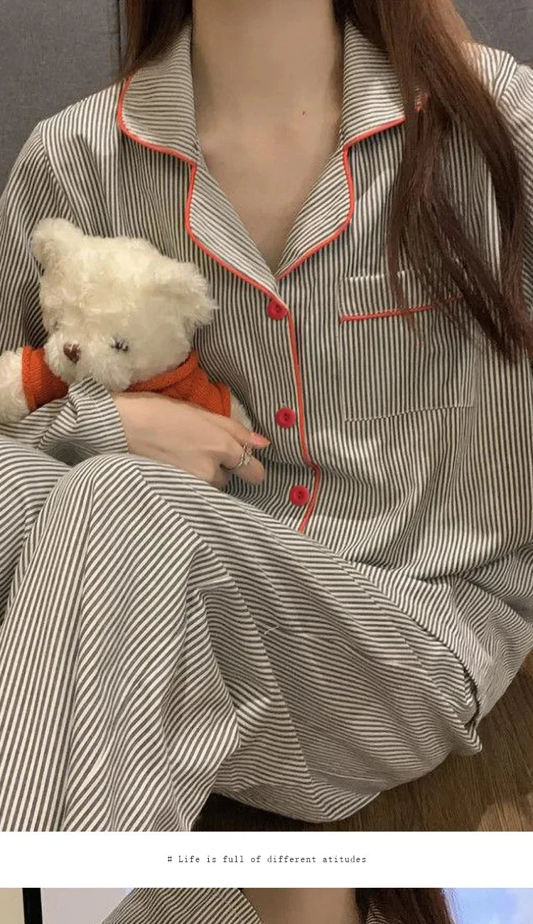 Pyjama respirant à manches longues pour femmes, vêtements de nuit pour étudiants, cardigan à rayures grises, vêtements d'intérie