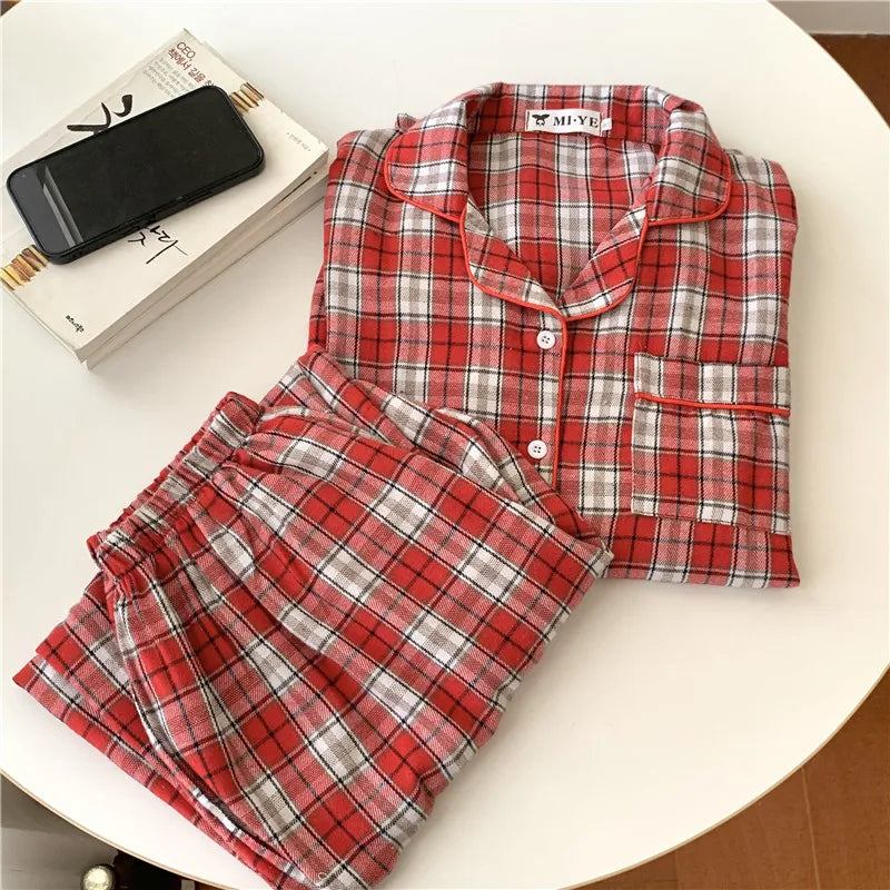 Loose Casual Couple Pajamas Sweet Lace Vintage Red Plaid  Thick  Nightwear Autumn Winter Princess Style Christmas Homewear D711