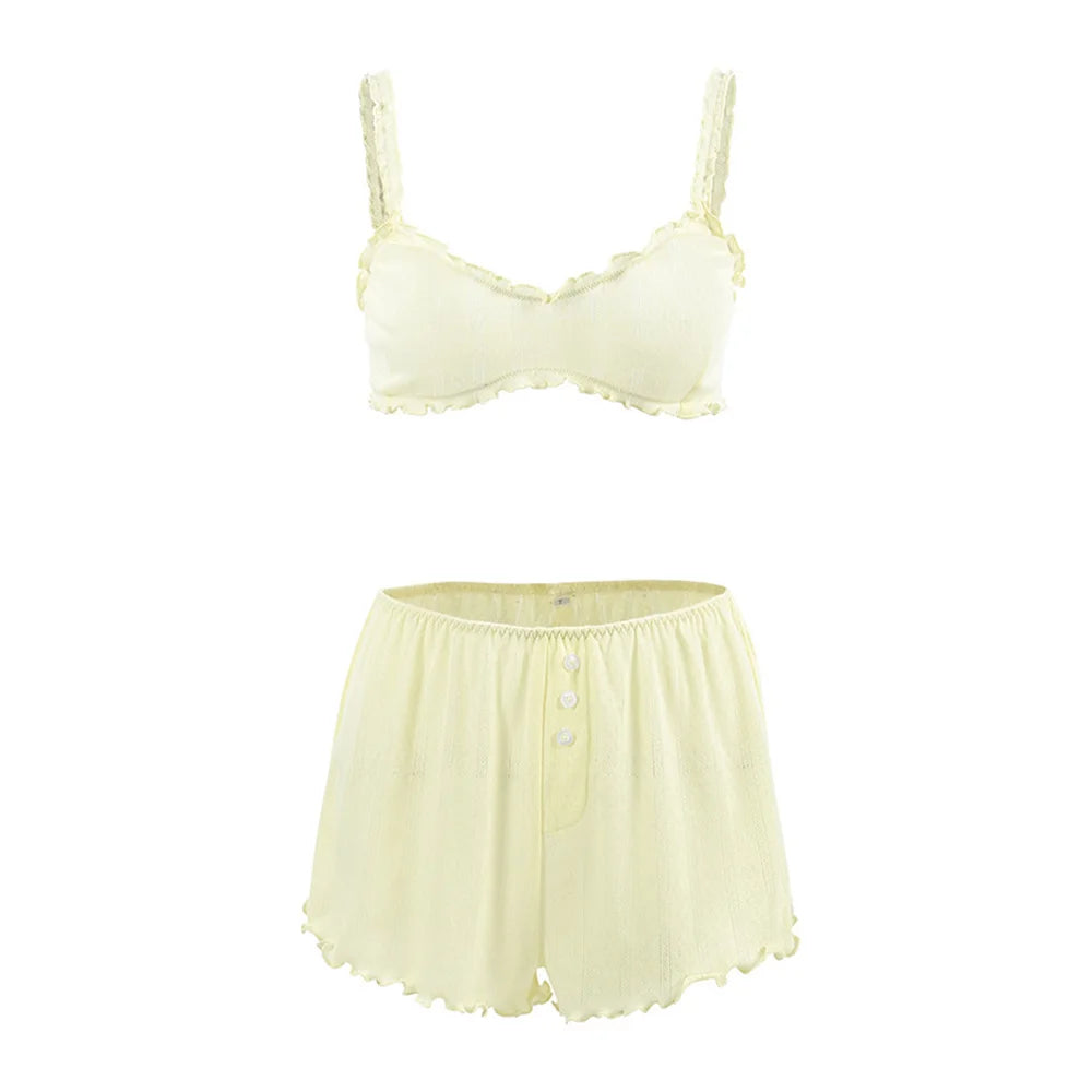 Fashion Female Sleepwear Set Spaghetti Strap Pajamas Crop Top Nightie Tank Tops Pyjamas Shorts Casual Nightgowns Suit