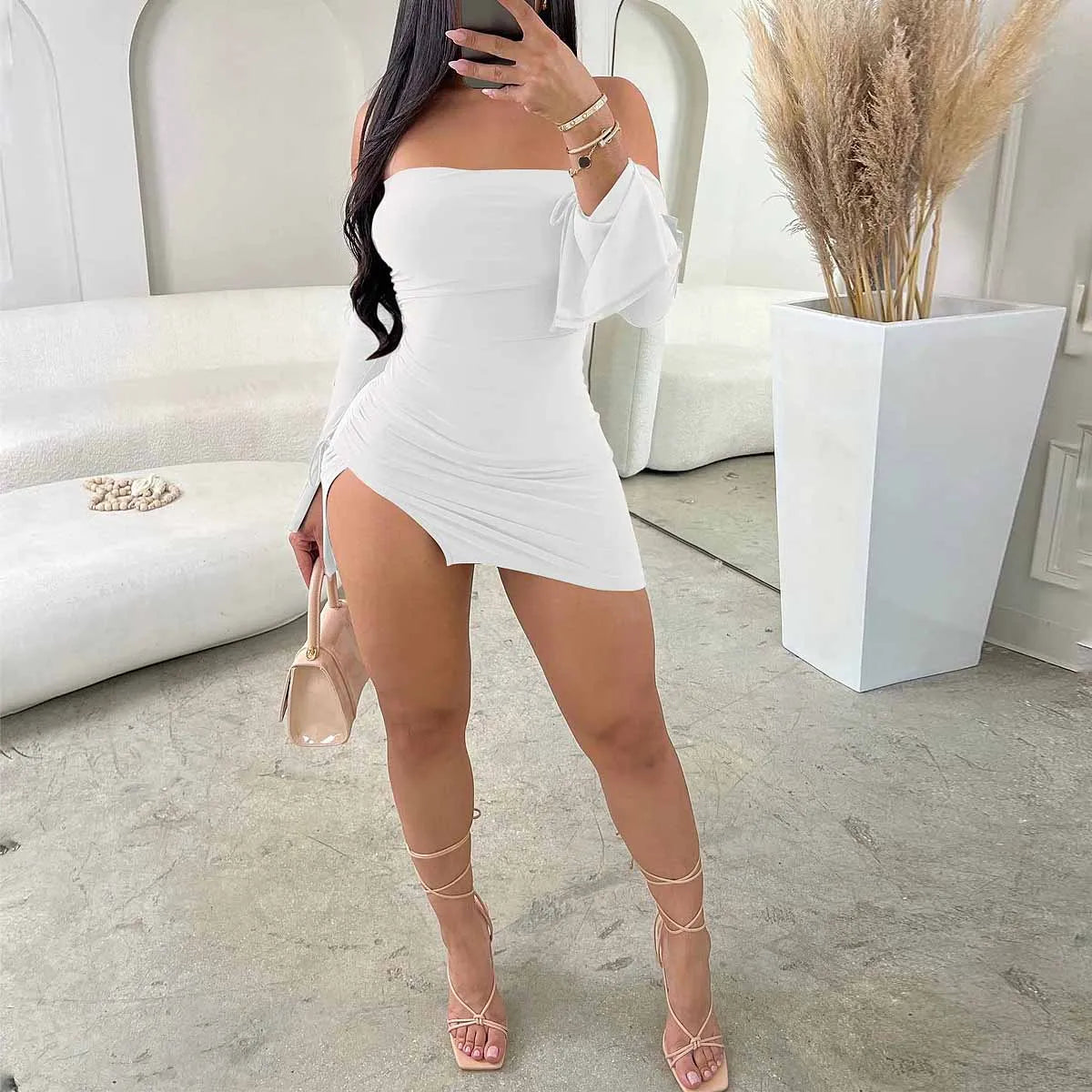 Women's Black Strapless Backless Mini Dress Off-Shoulder Long Sleeve Bodycon Club Party Dress for Women