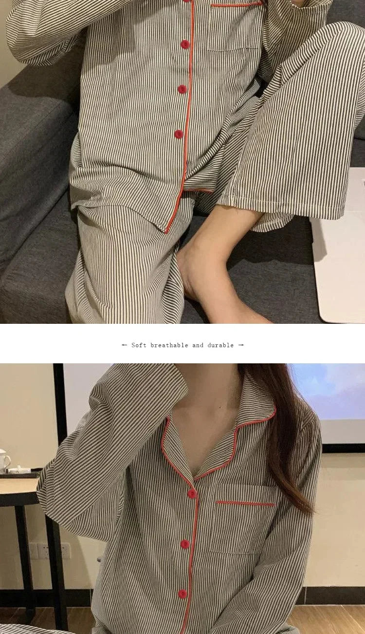 Pyjama respirant à manches longues pour femmes, vêtements de nuit pour étudiants, cardigan à rayures grises, vêtements d'intérie