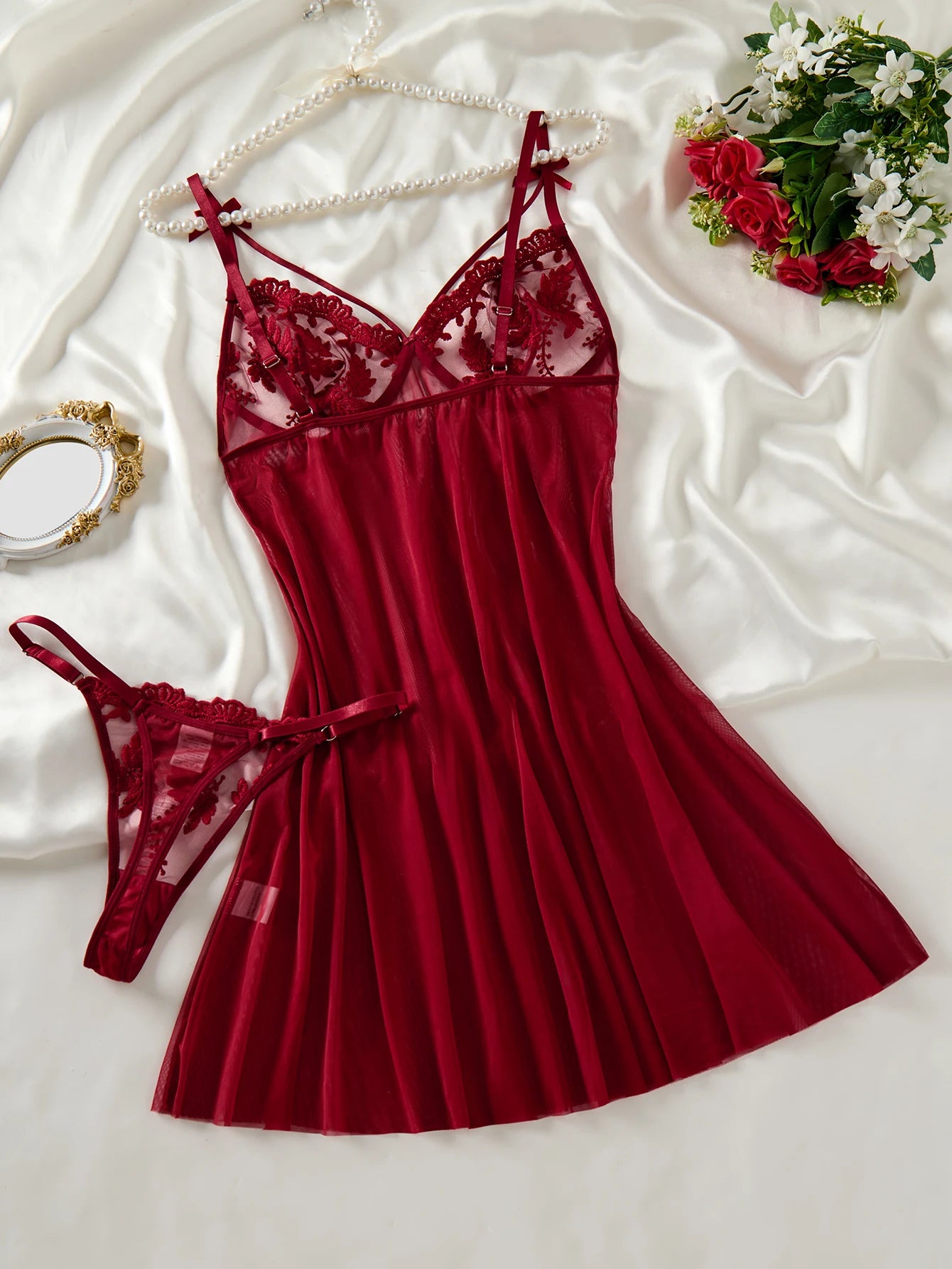 Ladies' wine red countryside style wheat ear embroidery semi transparent nightgown, elegant and comfortable, bow design ZA825066