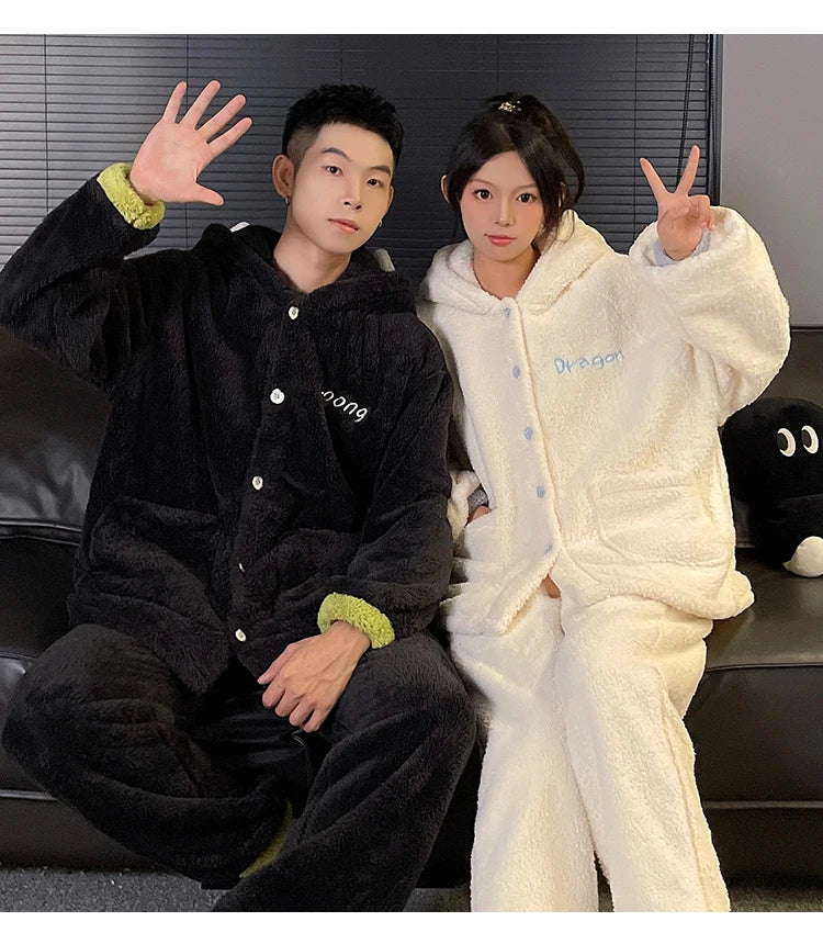 DAIMELU Toothless Boy Couple Pajamas Women's Autumn sleepwear Coral Fleece Fleece Thickened Hooded Men's Winter nightwear Set