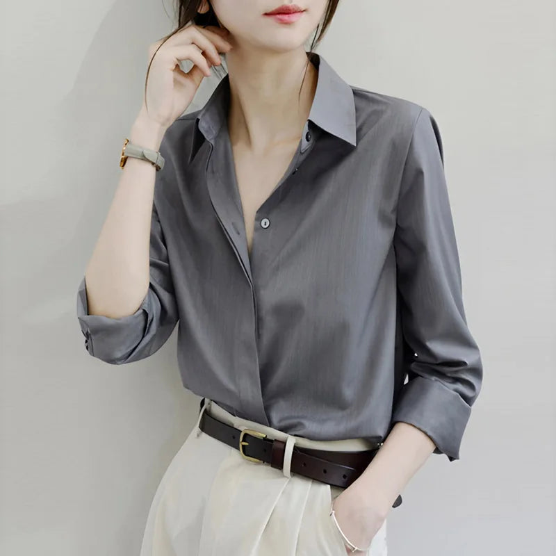 Spring Autumn Vintage Grey Loose Women's Blouse 2025 New Long Sleeve Single Breasted Korean Casual Office Lady Shirts Female