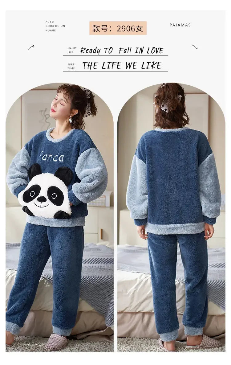 Couples Pajamas Women Men Winter Thicken Pyjamas Sleepwear Cartoon Dinosaur Korean Lovers Homewear Soft Warm Hoodies Pijama