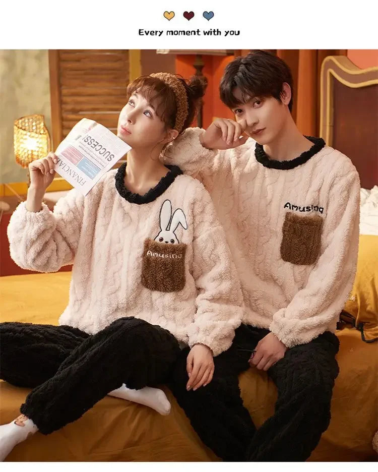 Couples Pajamas Women Men Winter Thicken Pyjamas Sleepwear Cartoon Dinosaur Korean Lovers Homewear Soft Warm Hoodies Pijama