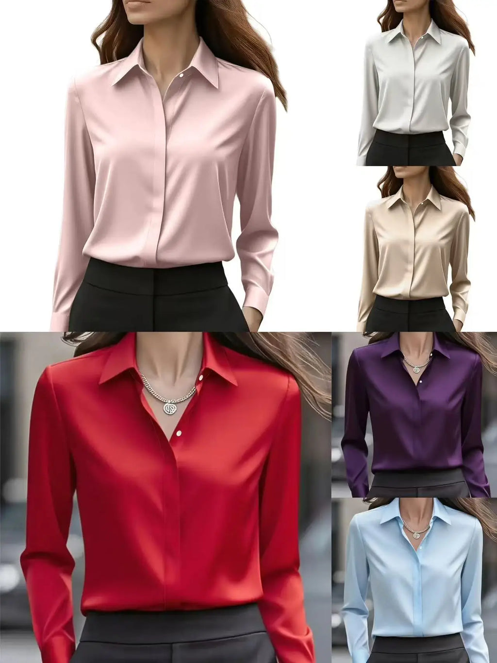 Temperamental commuting solid colour French niche lapel satin long-sleeved shirt top women